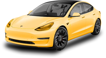 Tesla Model 3 fully wrapped in yellow, including headlights and mirrors, illustrating complete vehicle paint protection film coverage.