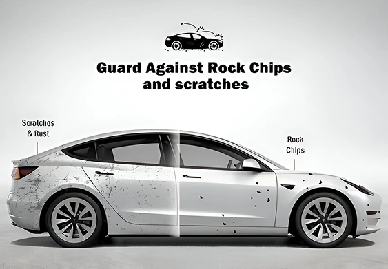 White Tesla Model 3 with the left half showing damage from scratches, rust, and rock chips, and the right half appearing clean and protected, under the text “Guard Against Rock Chips and Scratches.”