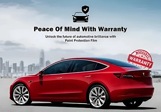 Rear side view of a red Tesla Model 3 with city skyline in the background, featuring a badge that says “Warranty” and text that reads “Peace Of Mind With Warranty – Unlock the future of automotive brilliance with Paint Protection Film.”