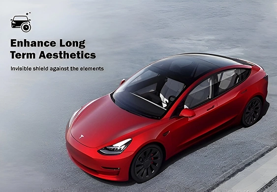 Red Tesla Model 3 parked near a curb, viewed from above, with the text “Enhance Long Term Aesthetics – Invisible shield against the elements” promoting protective vehicle treatments.