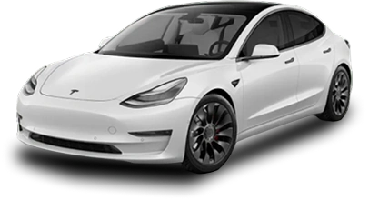 White Tesla Model 3 sedan with tinted windows and dark alloy wheels, shown on a transparent background.