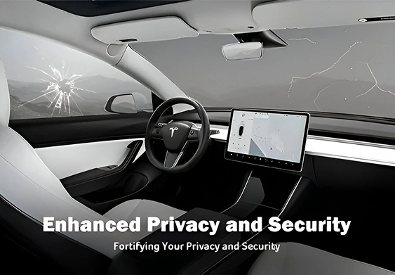 Interior view of a Tesla with white and black seats, showing cracked and shattered glass on the windows, overlaid with the text “Enhanced Privacy and Security – Fortifying Your Privacy and Security.”
