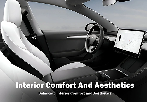 Sleek interior of a Tesla with white seats and a central touchscreen, accompanied by the text “Interior Comfort And Aesthetics – Balancing Interior Comfort and Aesthetics.”