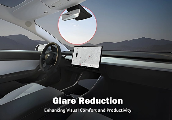 Interior of a Tesla parked at sunset with a red circle highlighting glare on the rearview mirror, accompanied by text reading “Glare Reduction – Enhancing Visual Comfort and Productivity.”