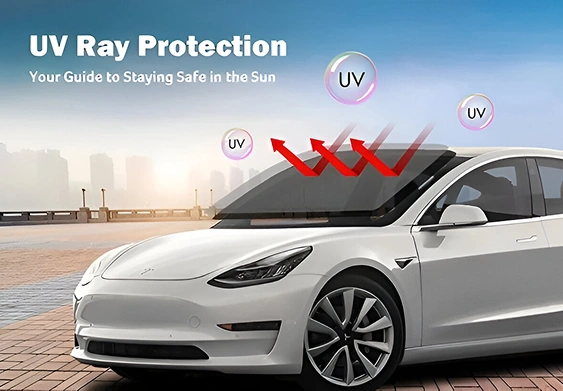 White Tesla parked outdoors with red arrows and “UV” labels showing ultraviolet rays being deflected from the windshield, accompanied by the text “UV Ray Protection – Your Guide to Staying Safe in the Sun.”