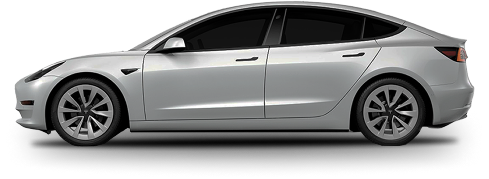 Silver Tesla Model 3 shown in full side view with dark tinted windows and aerodynamic silver wheels, isolated on a transparent background.