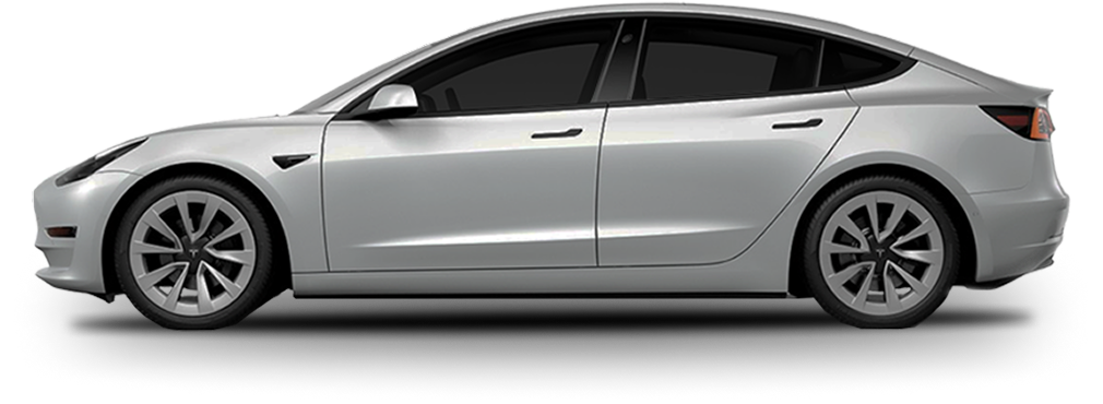Silver Tesla Model 3 in side profile view with dark tinted windows and silver wheels, displayed on a transparent background.