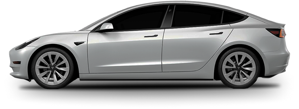 Side profile of a silver Tesla Model 3 with dark tinted windows and silver turbine-style wheels on a transparent background.