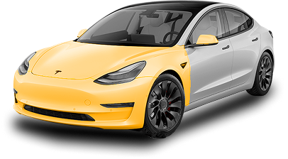 Tesla Model 3 with yellow-highlighted areas covering the entire front end, side mirrors, and part of the front doors, representing extended paint protection film coverage.