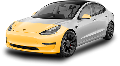 Tesla Model 3 with highlighted yellow sections on the front bumper, hood, side mirrors, and front fenders, indicating areas for paint protection film application.